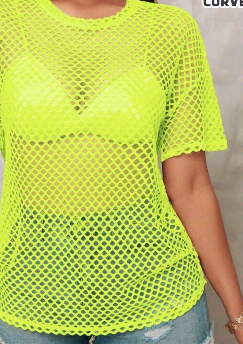 2XL - Neon Yellow Fishnet Swim Cover-Up Top - Women Swim